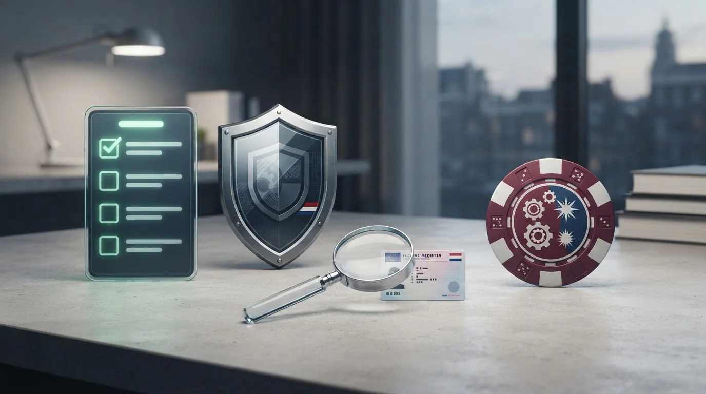 Illustratie van een controlelijst met schild, vergrootglas en casino-chip