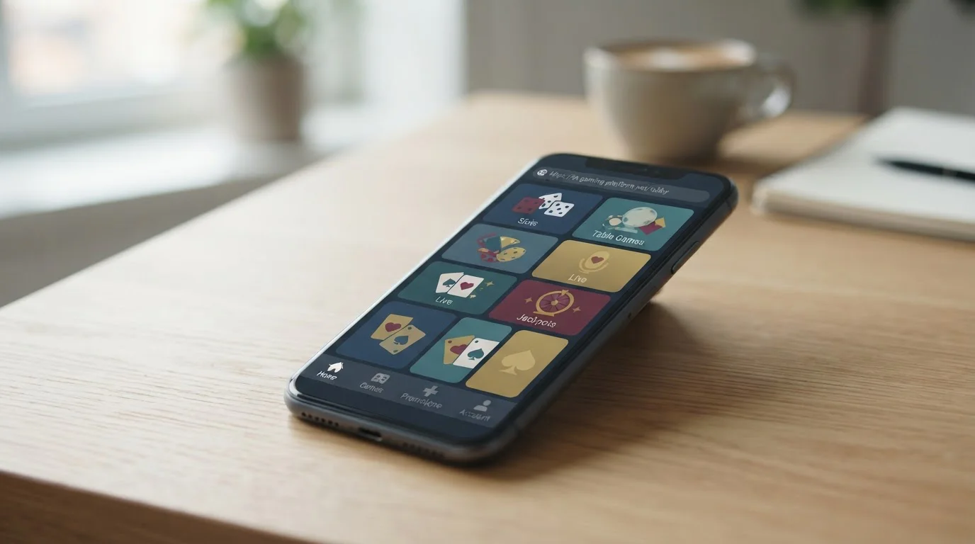Illustratie van een smartphone met een generieke casino-interface in een mobiele browser