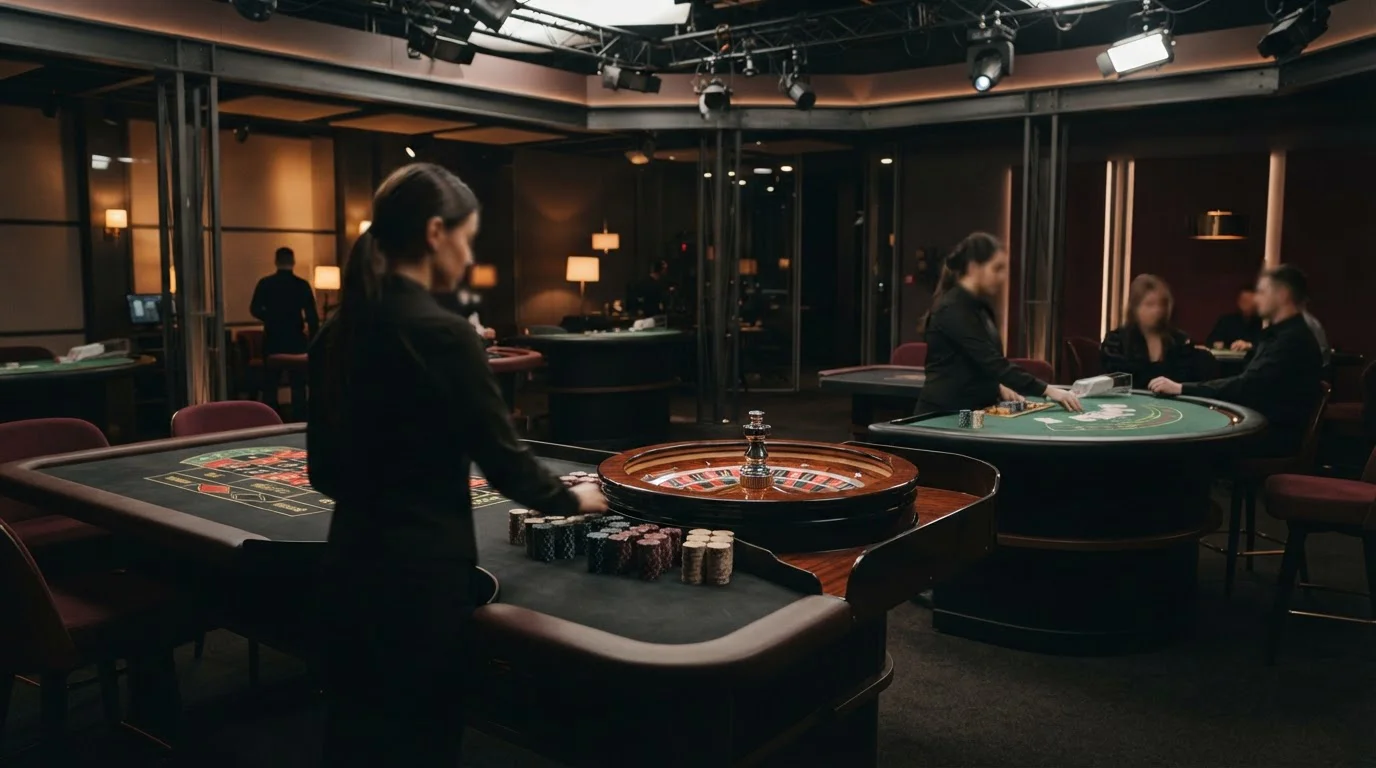 Illustratie van een live roulette- en blackjacktafel met studioverlichting