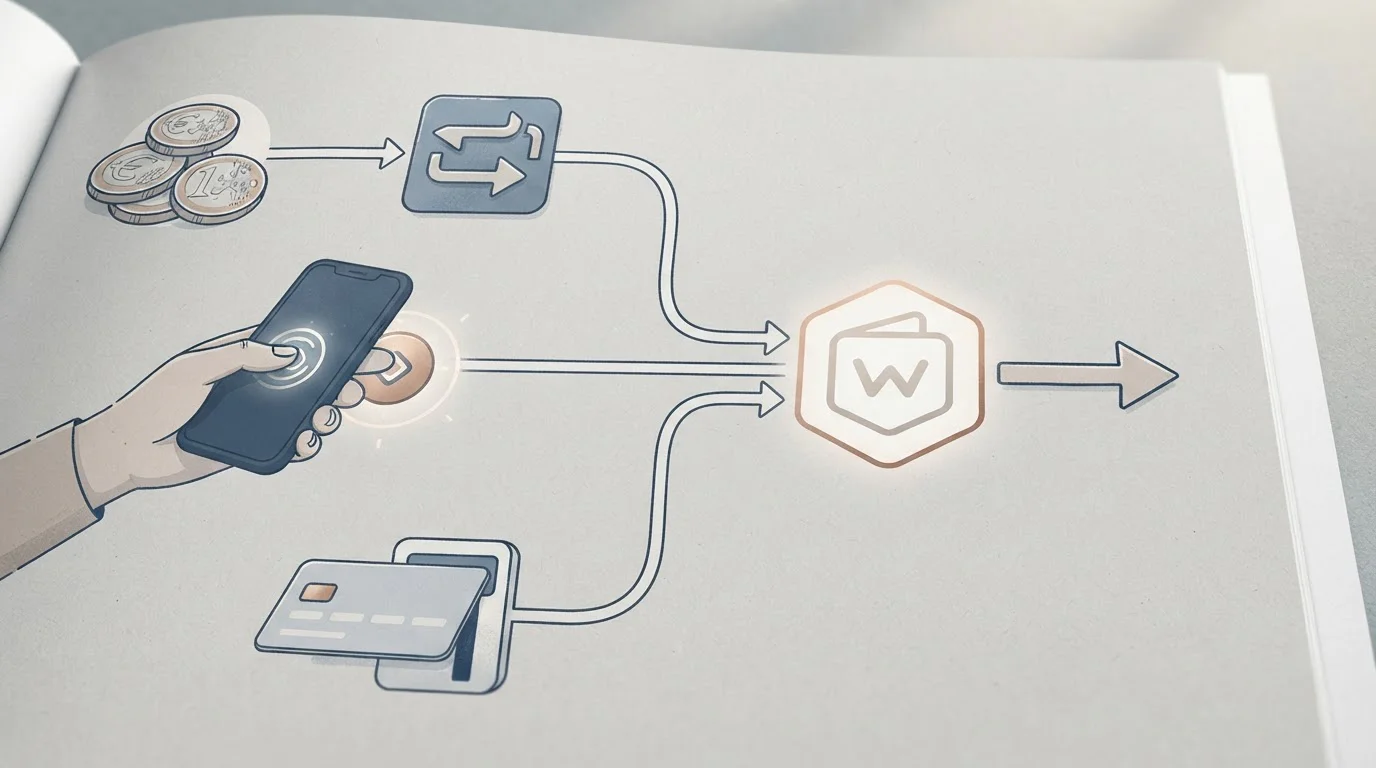 Illustratie van eurobetalingen via bank, mobiel en digitale wallet