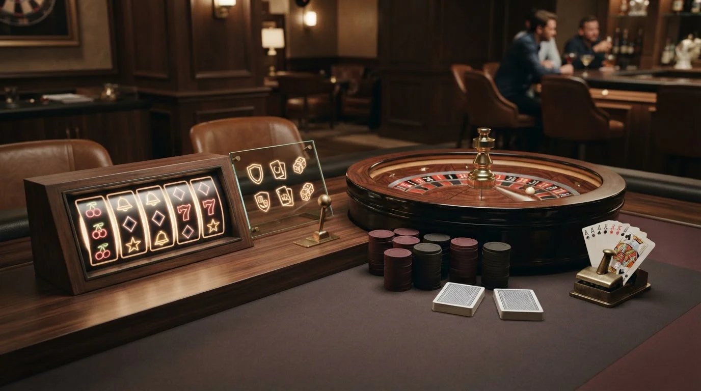 Illustratie van slots, speelkaarten en roulette in een rustige casinosfeer