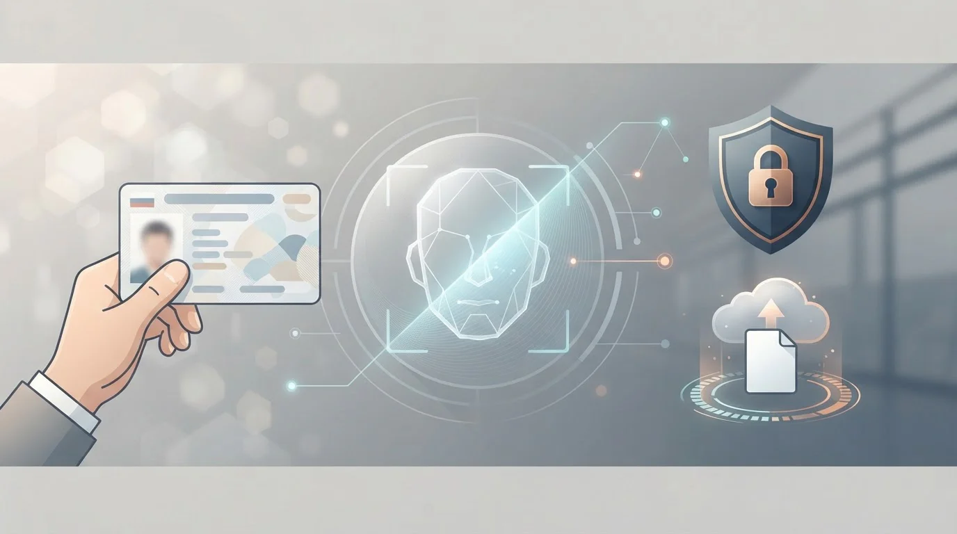 Illustratie van identiteitsverificatie met document, beveiligde upload en accountcontrole