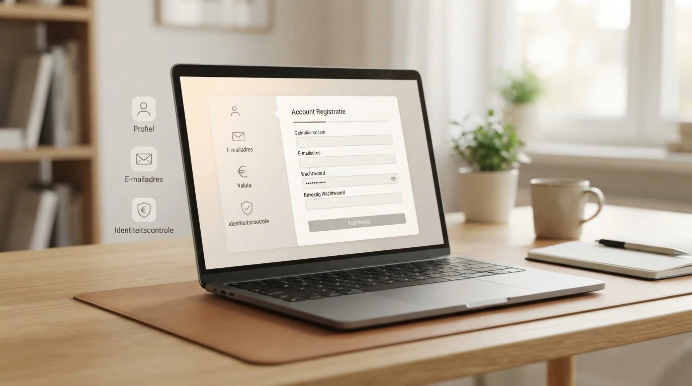 Illustratie van een generiek online registratieformulier met account- en verificatiesymbolen